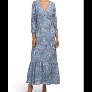 Rachel Zoe Paisley Print Blue Long Sleeve v-neck Maxi Tiered Babydoll Dress